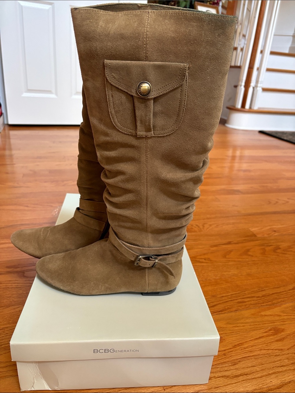 BCBGeneration Beige Suede -Knee High Boots with Buckle & Pocket